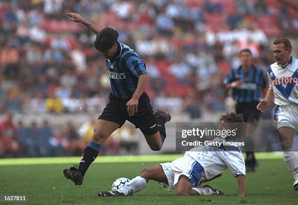 Alvaro Recoba of Inter Milan is tackled by a Brescia defender during the Serie A match at the San Siro in Milan, Italy. \ Mandatory Credit: Allsport...