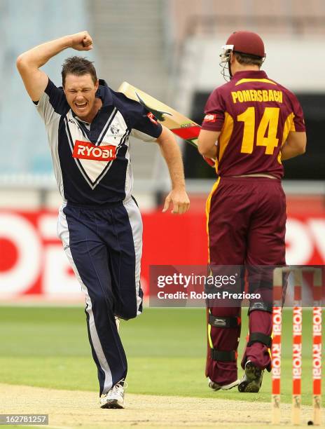 Darren Pattinson of the Bushrangers celebrates the wicket of Luke Pomersbach of the Bulls during the Ryobi One Day Cup final match between the...