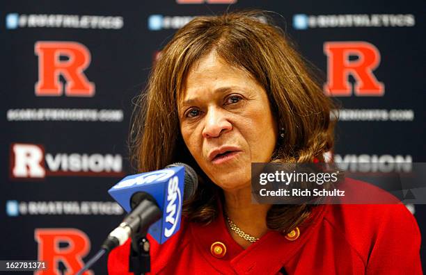 Head coach C. Vivian Stringer of the Rutgers Scarlet Knights talks during her post game press conference after defeating the South Florida Bulls...