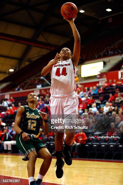 Betnijah Laney of the Rutgers Scarlet Knights takes a shot as Andrell Smith of the South Florida Bulls defends during the second half in a game at...