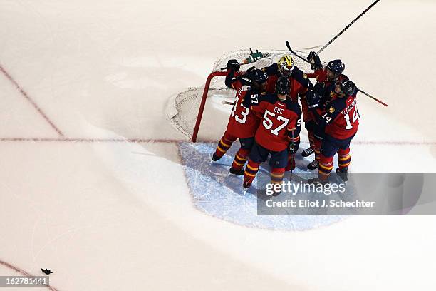 The Florida Panthers celebrate after beating the Pittsburgh Penguins 6-4 at the BB&T Center on February 26, 2013 in Sunrise, Florida.