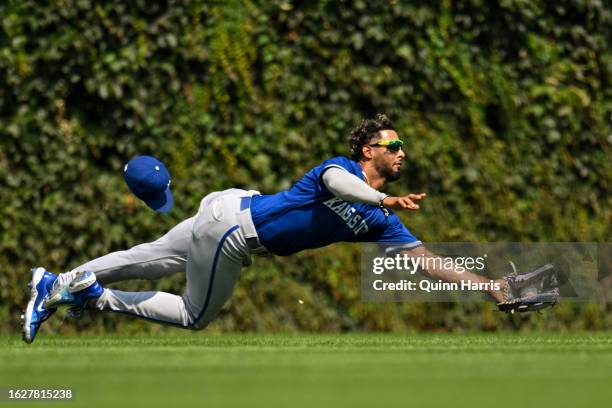 Melendez of the Kansas City Royals dives to catch a fly ball in the fourth inning against the Chicago Cubs at Wrigley Field on August 20, 2023 in...