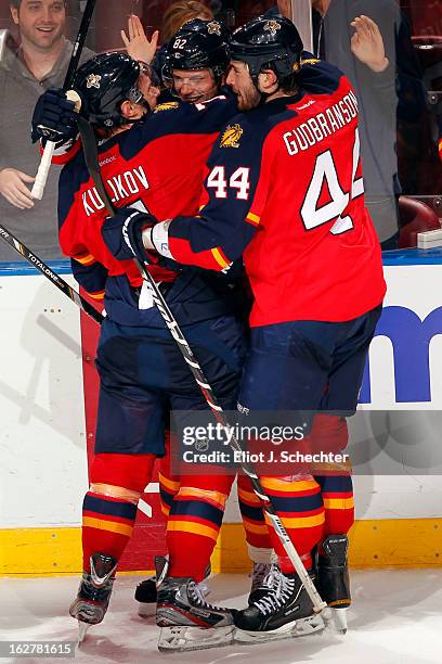 Tomas Kopecky of the Florida Panthers celebrates with teammates his hat trick against the Pittsburgh Penguins at the BB&T Center on February 26, 2013...