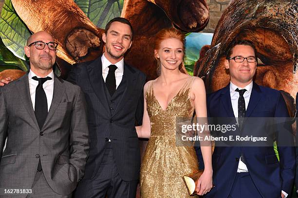 Actors Stanley Tucci, Nicholas Hoult, Eleanor Tomlinson, and director Bryan Singe attend the premiere of New Line Cinema's "Jack The Giant Slayer" at...