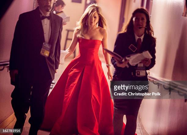 Jennifer Aniston backstage during the Oscars held at the Dolby Theatre on February 24, 2013 in Hollywood, California.