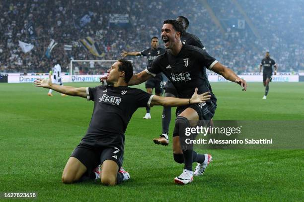 Federico Chiesa of Juventus celebrates with Dusan Vlahovic of Juventus after scoring the team's first goal during the Serie A TIM match between...