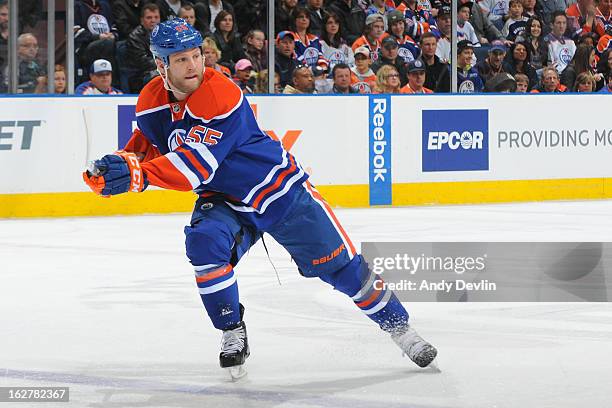 Ben Eager of the Edmonton Oilers skates against the Phoenix Coyotes on February 23, 2013 at Rexall Place in Edmonton, Alberta, Canada.