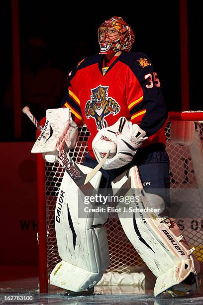Goaltender Jacob Markstrom of the Florida Panthers skates onto the ice prior to the start of the game against the Boston Bruins at the BB&T Center on...