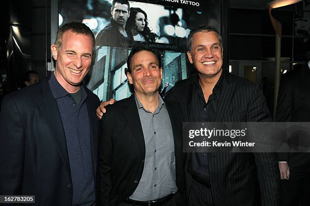 Executive Producer Peter Schlessel, Michael Luisi and Stuart Ford arrive to the premiere of FilmDistricts's "Dead Man Down" at ArcLight Hollywood on...