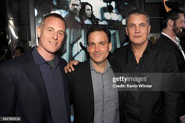 Executive Producer Peter Schlessel, Michael Luisi and Stuart Ford arrive to the premiere of FilmDistricts's "Dead Man Down" at ArcLight Hollywood on...