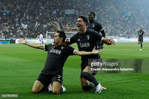 Federico Chiesa of Juventus celebrates with Dusan Vlahovic of Juventus after scoring the team's first goal during the Serie A TIM match between...