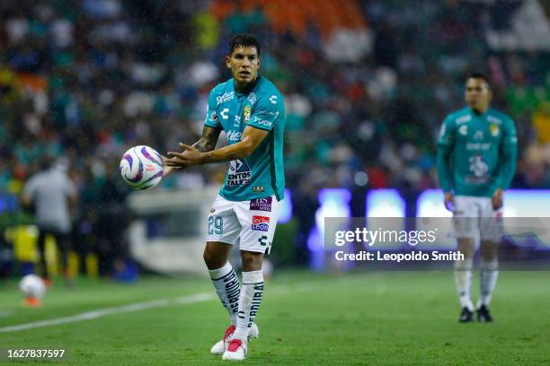 Lucas Romero of Leon gestures during the 4th round match between Leon and Mazatlan FC as part of the Torneo Apertura 2023 Liga MX at Leon Stadium on...