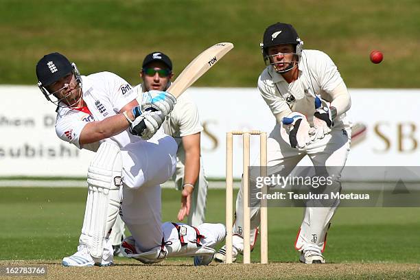 Matt Prior of England plays to the onside during the International tour match between New Zealand XI and England at Queenstown Events Centre on...