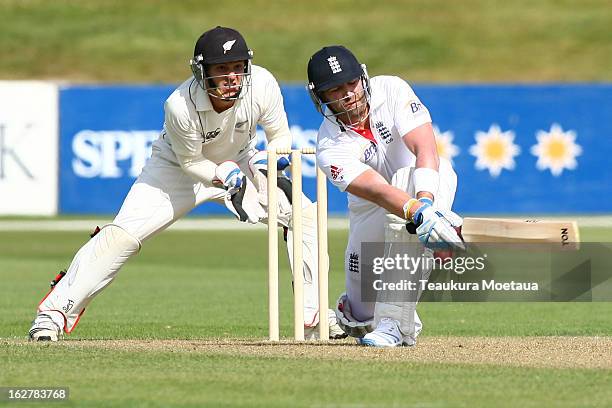 Matt Prior of England plays to the onside during the International tour match between New Zealand XI and England at Queenstown Events Centre on...