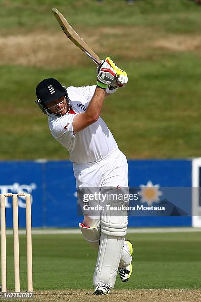 Ian Bell of England plays to the onside during the International tour match between New Zealand XI and England at Queenstown Events Centre on...