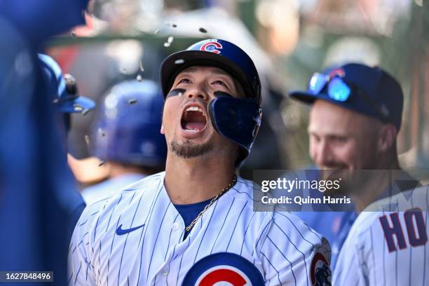 Seiya Suzuki of the Chicago Cubs celebrates after his home run in the fifth inning off Jordan Lyles of the Kansas City Royals at Wrigley Field on...