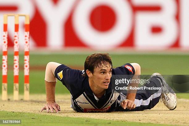 William Sheridan of the Bushrangers falls to the ground after bowling during the Ryobi One Day Cup final match between the Victorian Bushrangers and...