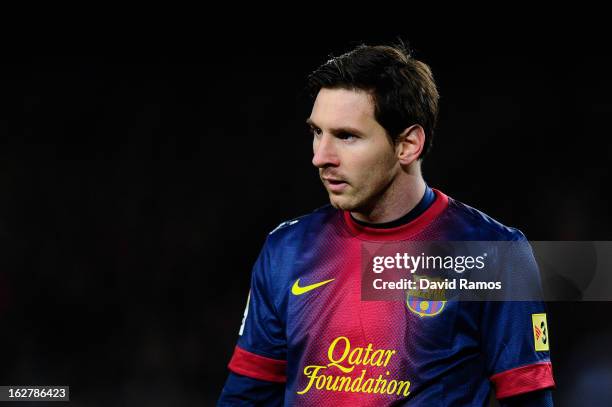 Lionel Messi of FC Barcelona looks on during the Copa del Rey Semi Final second leg between FC Barcelona and Real Madrid at Camp Nou on February 26,...