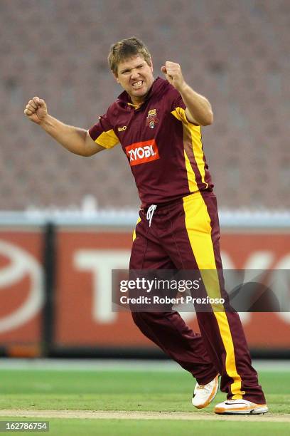 James Hopes of the Bulls celebrates the wicket of Rob Quiney of the Bushrangers during the Ryobi One Day Cup final match between the Victorian...