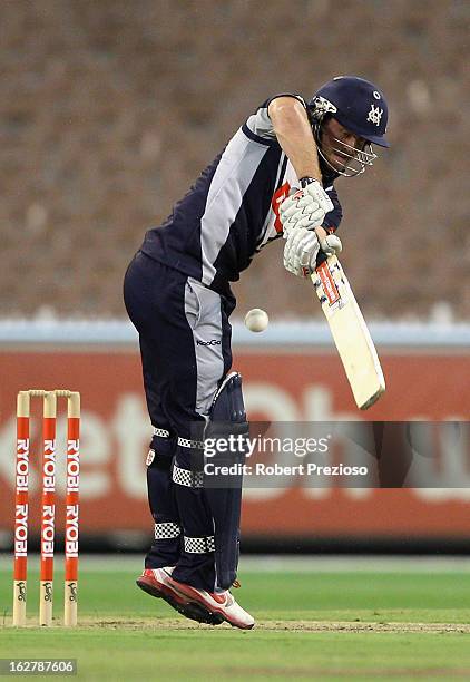 Michael Hill of the Bushrangers plays a shot during the Ryobi One Day Cup final match between the Victorian Bushrangers and the Queensland Bulls at...