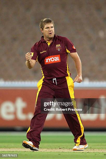 James Hopes of the Bulls celebrates the wicket of David Hussey of the Bushrangers during the Ryobi One Day Cup final match between the Victorian...