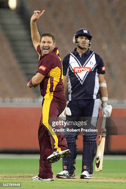 Ryan Harris of the Bulls celebrates the wicket of Clint McKay of the Bushrangers during the Ryobi One Day Cup final match between the Victorian...