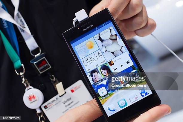 Huawei Technologies Co. Ascend P2 smartphone is displayed for a photograph at the Mobile World Congress in Barcelona, Spain, on Wednesday, Feb. 27,...