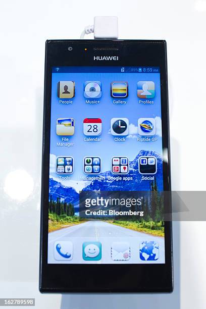 Huawei Technologies Co. Ascend P2 smartphone sits on display at the Mobile World Congress in Barcelona, Spain, on Wednesday, Feb. 27, 2013. The...