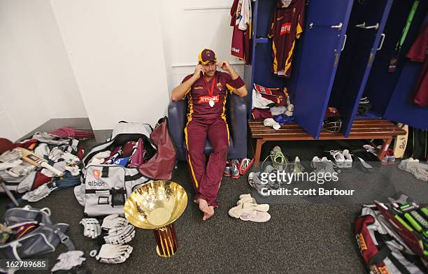 Ryan Harris of the Bulls relaxes in the changing rooms after the Ryobi One Day Cup final match between the Victorian Bushrangers and the Queensland...