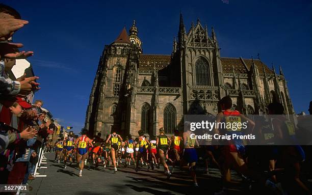 General view of runners passing a church during the IAAF World Half Marathon Championship in Kosice, Slovakia. \ Mandatory Credit: Craig Prentis...