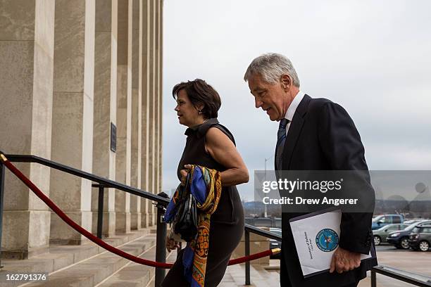 New Secretary of Defense Chuck Hagel, with his wife Lilibet Hagel, arrives for his first day at the Department of Defense, on February 27, 2013 in...