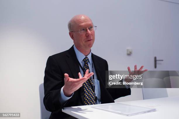 Scott McGregor, chief executive officer of Broadcom Corp., reacts during a Bloomberg interview at the Mobile World Congress in Barcelona, Spain, on...