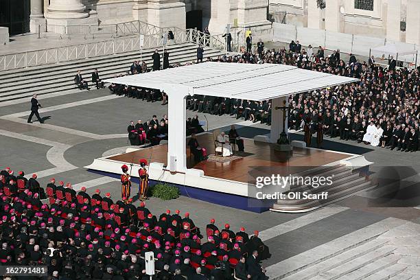 Pope Benedict XVI addresses the crowd in St Peter's Square on February 27, 2013 in Vatican City, Vatican. The Pontiff has attended his last weekly...