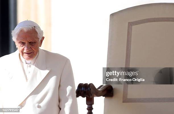 Pope Benedict XVI attends his final general audience in St. Peter's Square on February 27, 2013 in Vatican City, Vatican. The Pontiff attended his...