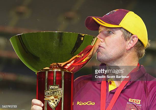 James Hopes, captain of the Bulls kisses the Ryobi One Day Cup after winning the Ryobi One Day Cup final match between the Victorian Bushrangers and...