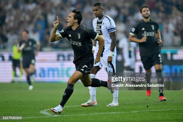 Federico Chiesa of Juventus celebrates after scoring the team's first goal during the Serie A TIM match between Udinese Calcio and Juventus at Dacia...