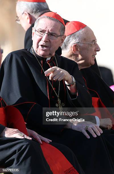 Former archbishop of Los Angeles cardinal Roger Mahony attends Pope Benedict XVI's final general audience in St. Peter's Square on February 27, 2013...