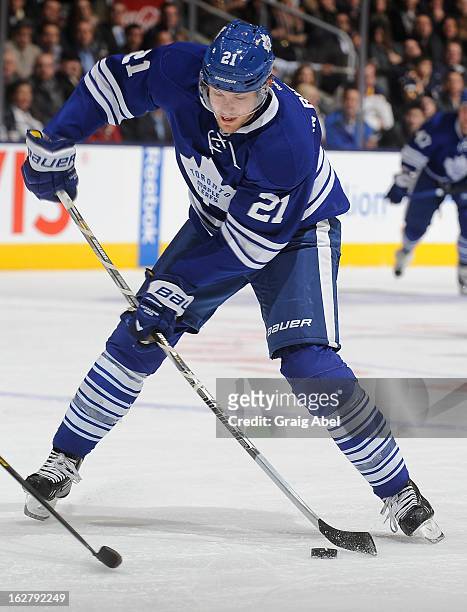 James van Riemsdyk of the Toronto Maple Leafs shoots the puck during NHL game action against the Buffalo Sabres February 21, 2013 at the Air Canada...