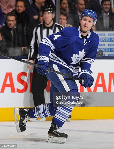 Cody Franson of the Toronto Maple Leafs skates during NHL game action against the Buffalo Sabres February 21, 2013 at the Air Canada Centre in...