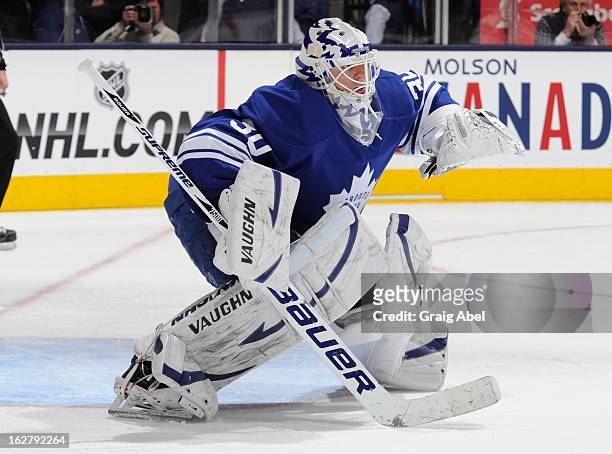 Ben Scrivens of the Toronto Maple Leafs defends the goal during NHL game action against the Buffalo Sabres February 21, 2013 at the Air Canada Centre...