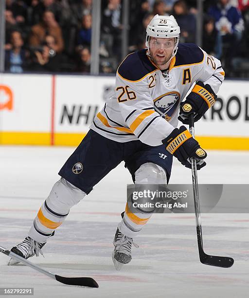 Thomas Vanek of the Buffalo Sabres skates during NHL game action against the Toronto Maple Leafs February 21, 2013 at the Air Canada Centre in...