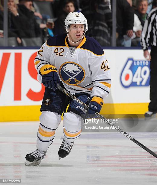 Nathan Gerbe of the Buffalo Sabres skates during NHL game action against the Toronto Maple Leafs February 21, 2013 at the Air Canada Centre in...