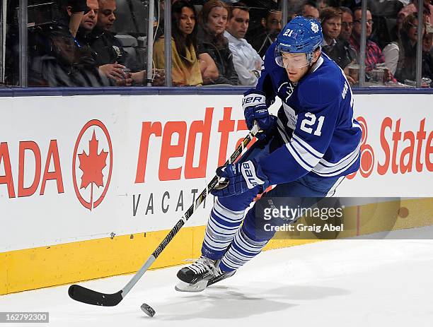 James van Riemsdyk of the Toronto Maple Leafs skates with the puck during NHL game action against the Buffalo Sabres February 21, 2013 at the Air...