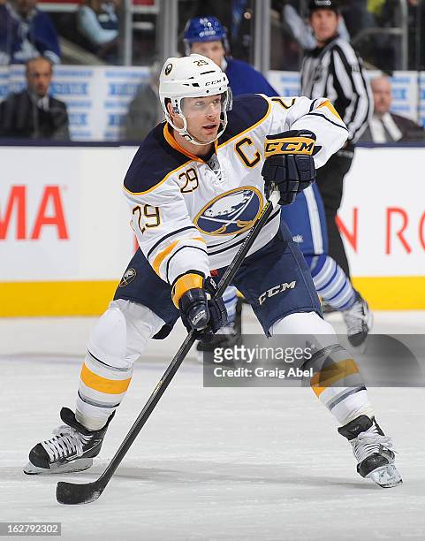Jason Pominville of the Buffalo Sabres skates during NHL game action against the Toronto Maple Leafs February 21, 2013 at the Air Canada Centre in...