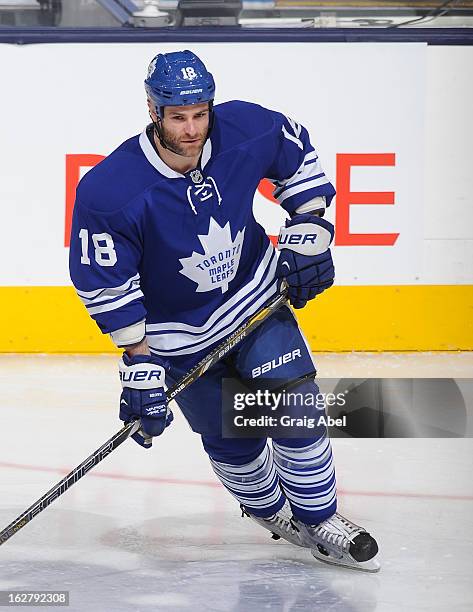 Mike Brown of the Toronto Maple Leafs skates during warm up prior to NHL game action against the Buffalo Sabres February 21, 2013 at the Air Canada...