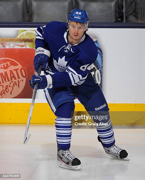 Mikhail Grabovski of the Toronto Maple Leafs skates during warm up prior to NHL game action against the Buffalo Sabres February 21, 2013 at the Air...