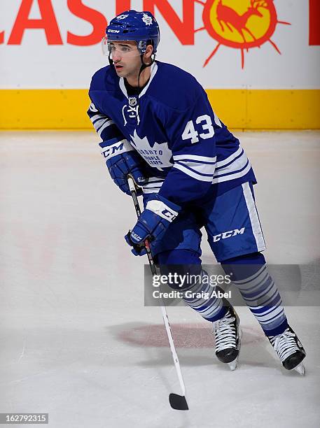 Nazem Kadri of the Toronto Maple Leafs skates during warm up prior to NHL game action against the Buffalo Sabres February 21, 2013 at the Air Canada...