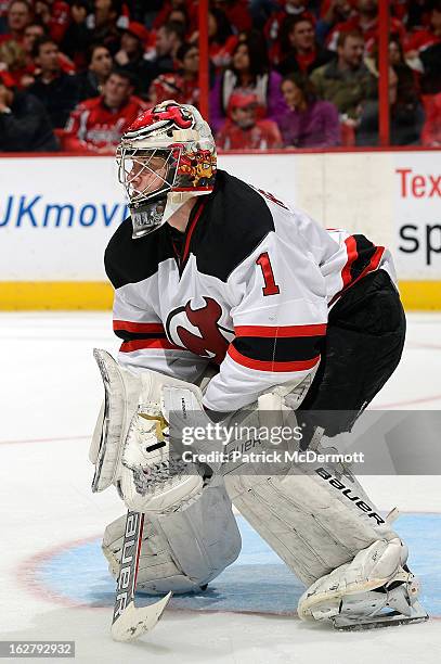 Johan Hedberg of the New Jersey Devils in action during an NHL game against the Washington Capitals at Verizon Center on February 23, 2013 in...