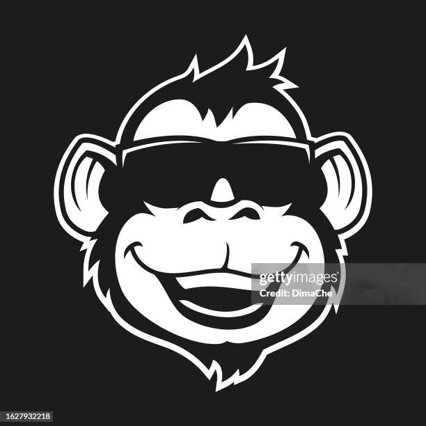 ilustraciones, imágenes clip art, dibujos animados e iconos de stock de cabeza de mono en gafas de sol - contorno recortado silueta. mascota del personaje de cabeza de simio, mono o gorila - cabeza de animal