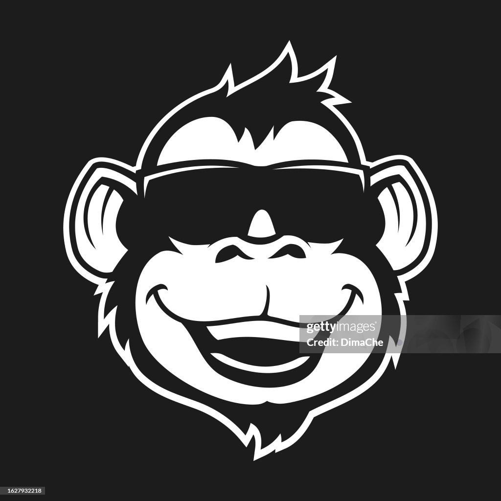 Monkey head in sunglasses - outline cut out silhouette. Ape, monkey, or gorilla head character mascot